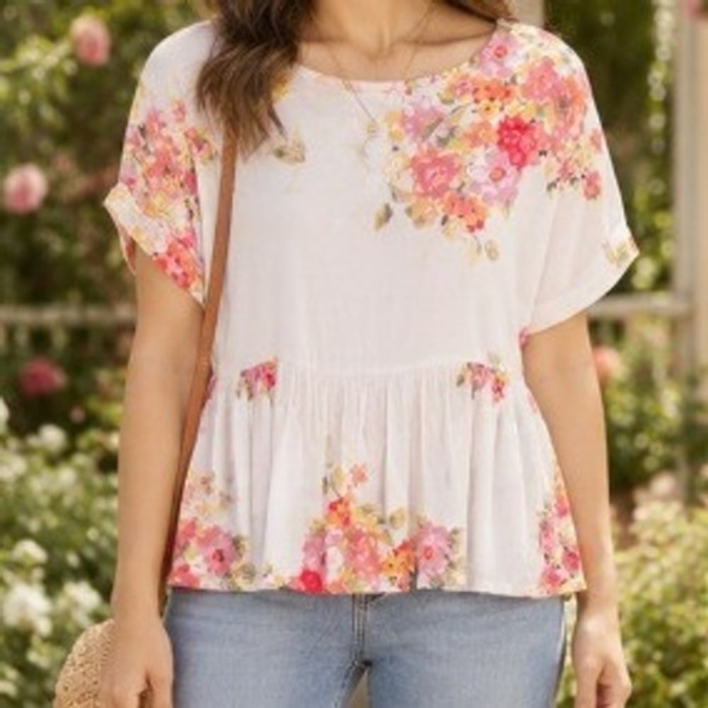 Floral Peplum Blouse Cottagecore Boho White Women's Small Forever 21 Top